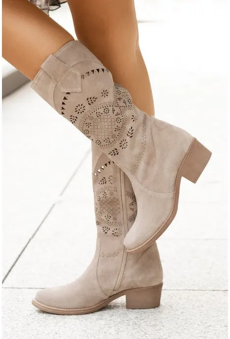 Women flower printed mid calf boots | Side zipper faux suede chunky heel boots