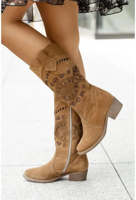 Women flower printed mid calf boots | Side zipper faux suede chunky heel boots