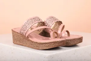 Women Peach Wedge Heels with Laser Cuts