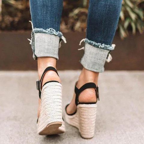 Women platform  espadrille wedge sandals peep toe buckle ankle strap sandals