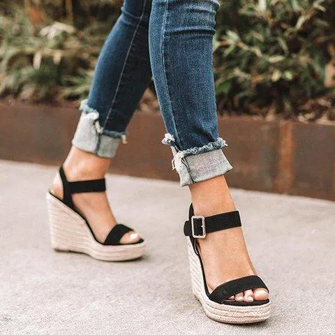 Women platform  espadrille wedge sandals peep toe buckle ankle strap sandals