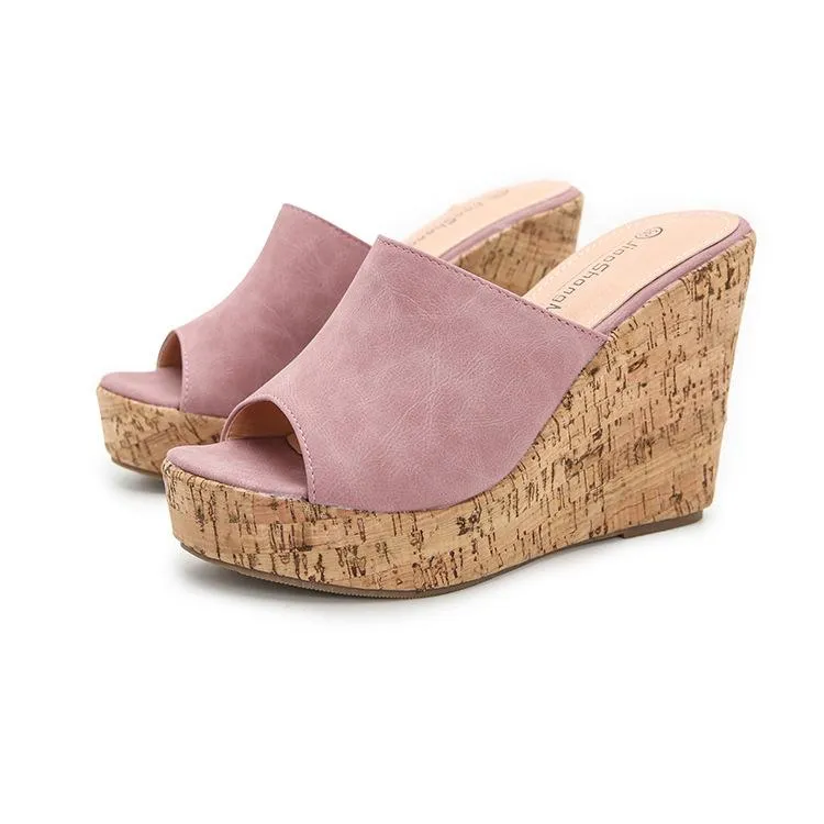 Women platform peep toe strap slip on wedge heels