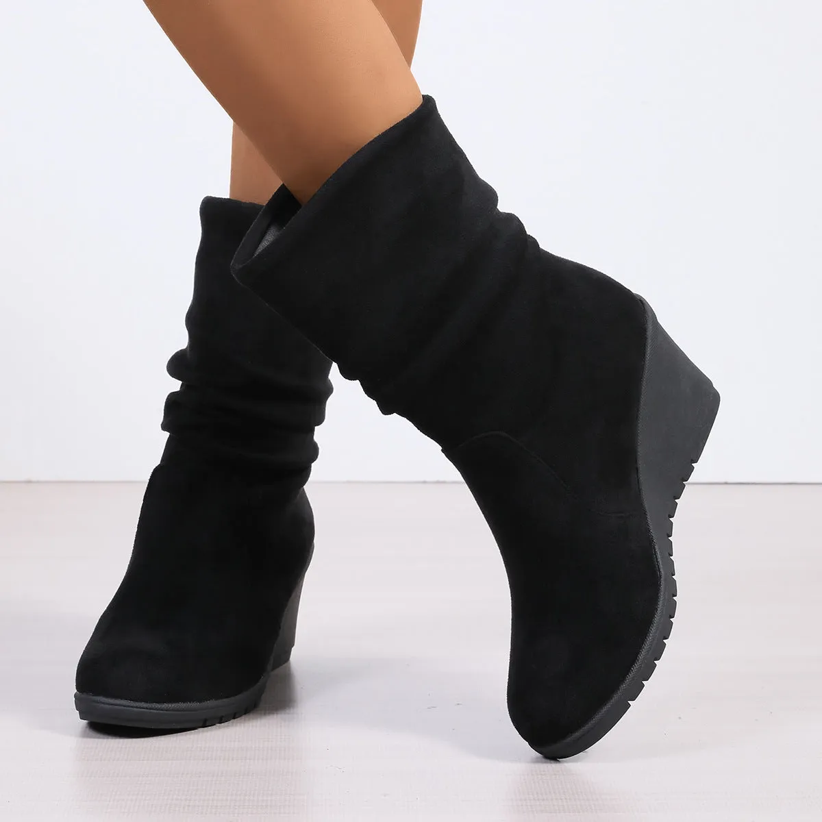 Women's elegant ruched wide calf wedge heels boots