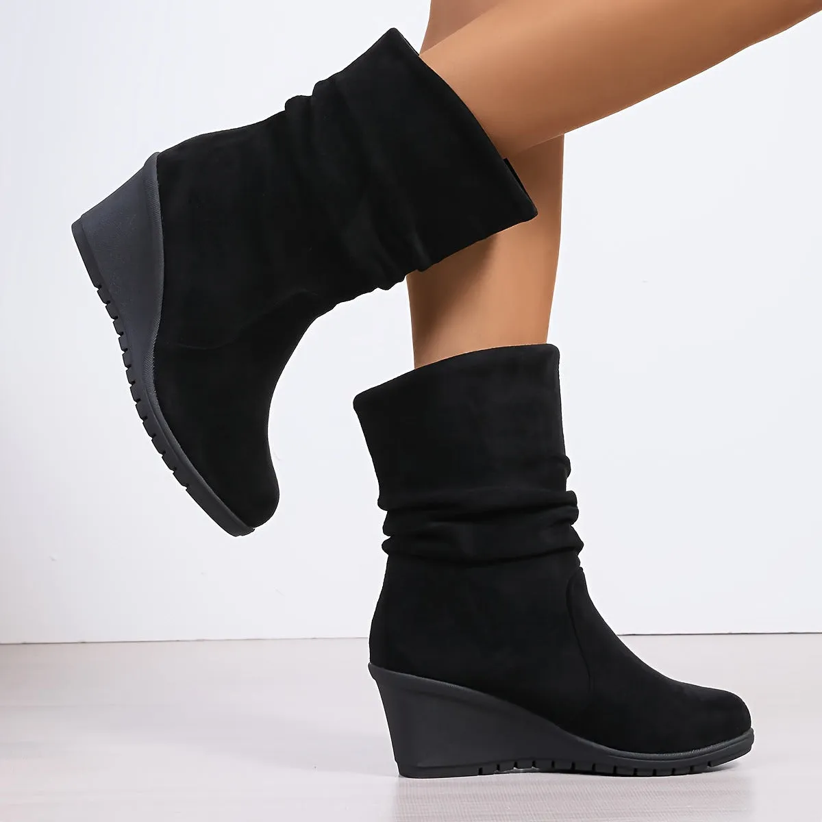 Women's elegant ruched wide calf wedge heels boots