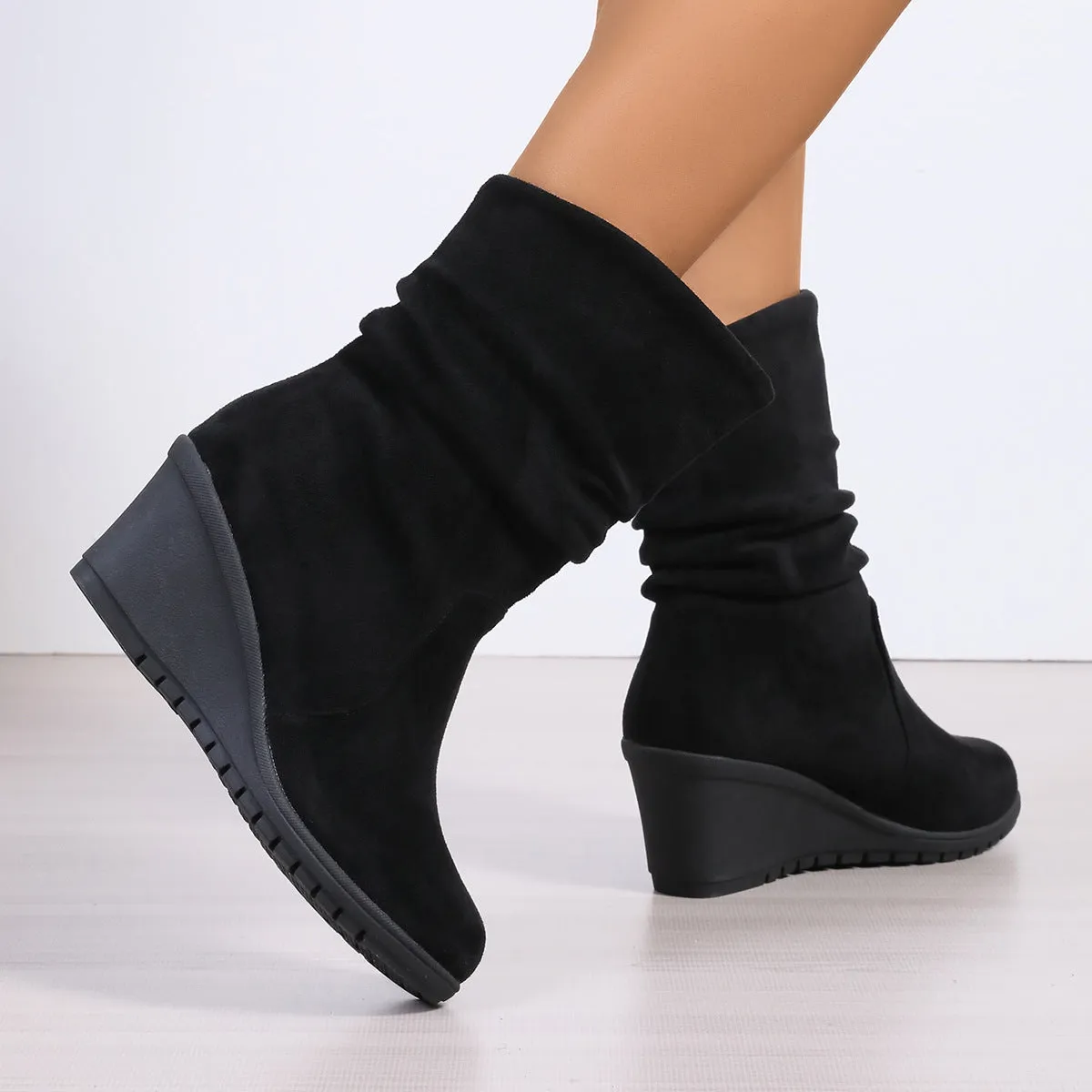 Women's elegant ruched wide calf wedge heels boots