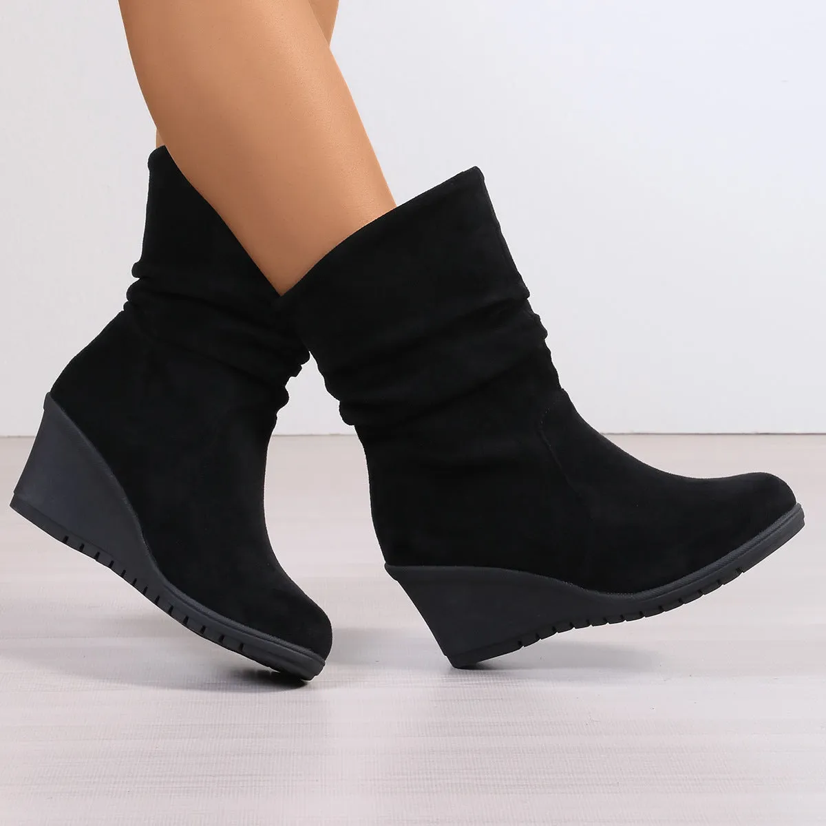 Women's elegant ruched wide calf wedge heels boots