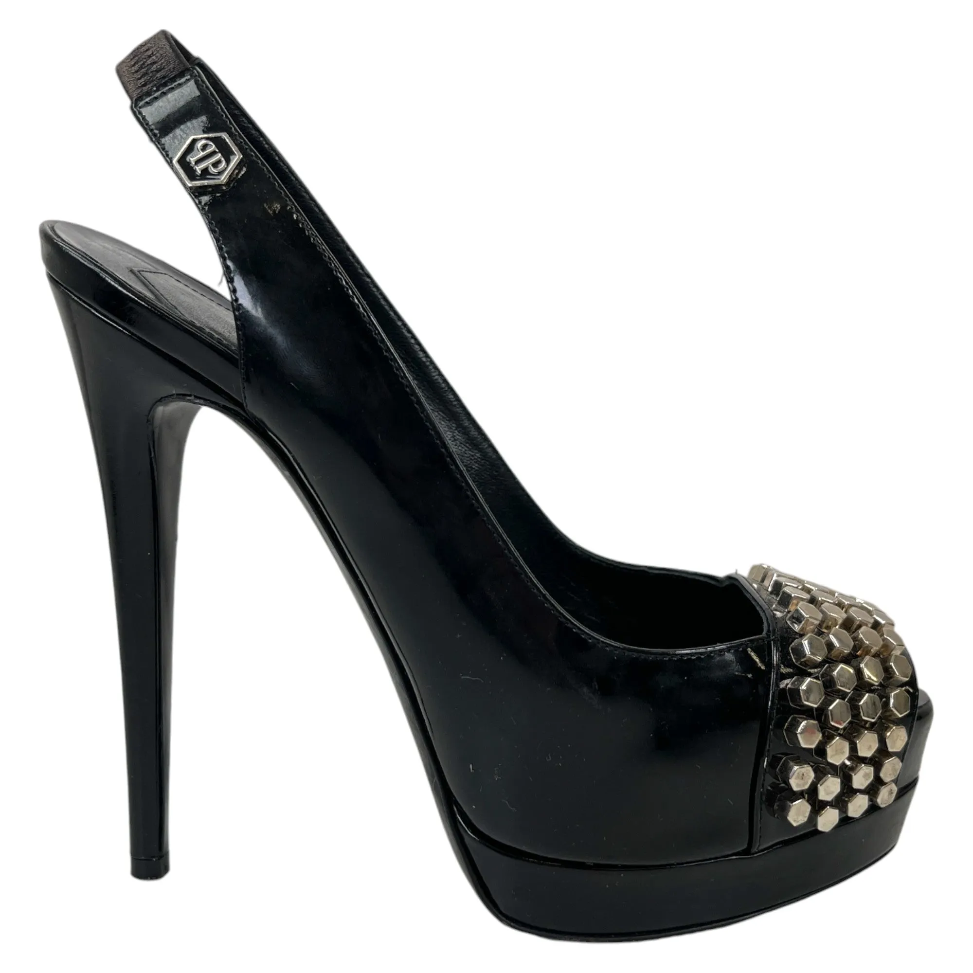 Women's Peep Toe Stud Heels Black Size EU 37 / UK 4