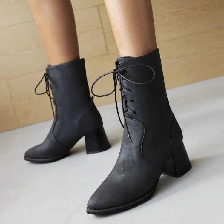 Women's Pu Leather Pointed Toe Lace Up Chunky Heel Short Boots