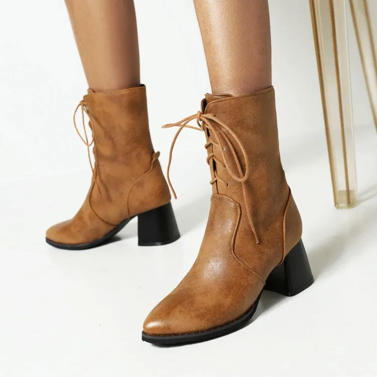 Women's Pu Leather Pointed Toe Lace Up Chunky Heel Short Boots