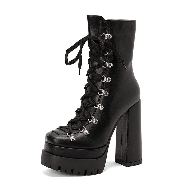 Women's Pu Leather Rivets Lace Up Belts Chunky Heel Platform Short Boots