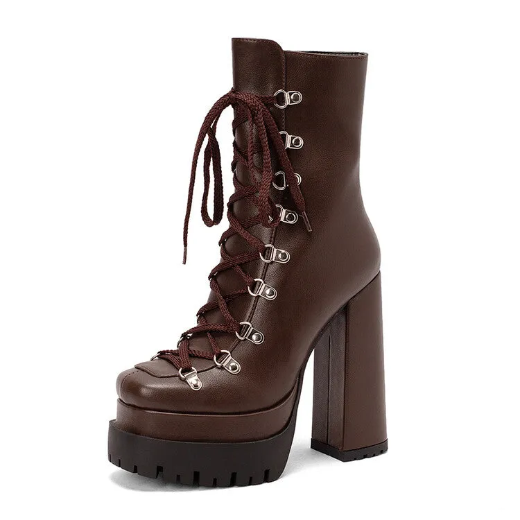 Women's Pu Leather Rivets Lace Up Belts Chunky Heel Platform Short Boots