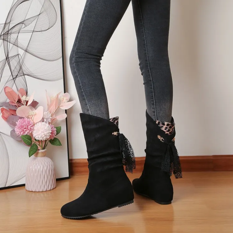 Women's Round Toe Back Tassel Flat Inside Heighten Mid Calf Boots