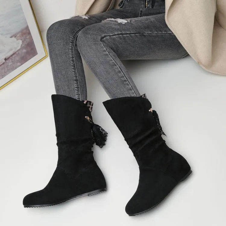 Women's Round Toe Back Tassel Flat Inside Heighten Mid Calf Boots