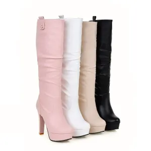 Women's Round Toe Block Chunky Heel Platform Knee High Boots