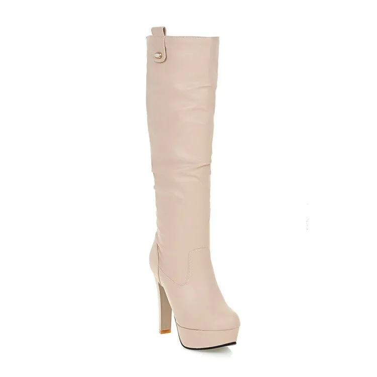 Women's Round Toe Block Chunky Heel Platform Knee High Boots