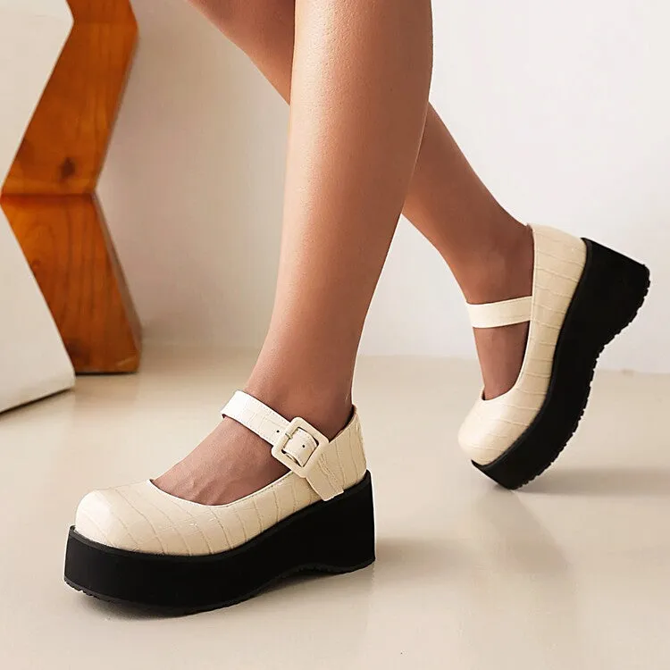 Women's Round Toe Mary Janes Buckle Straps Wedge Heel Platform Pumps