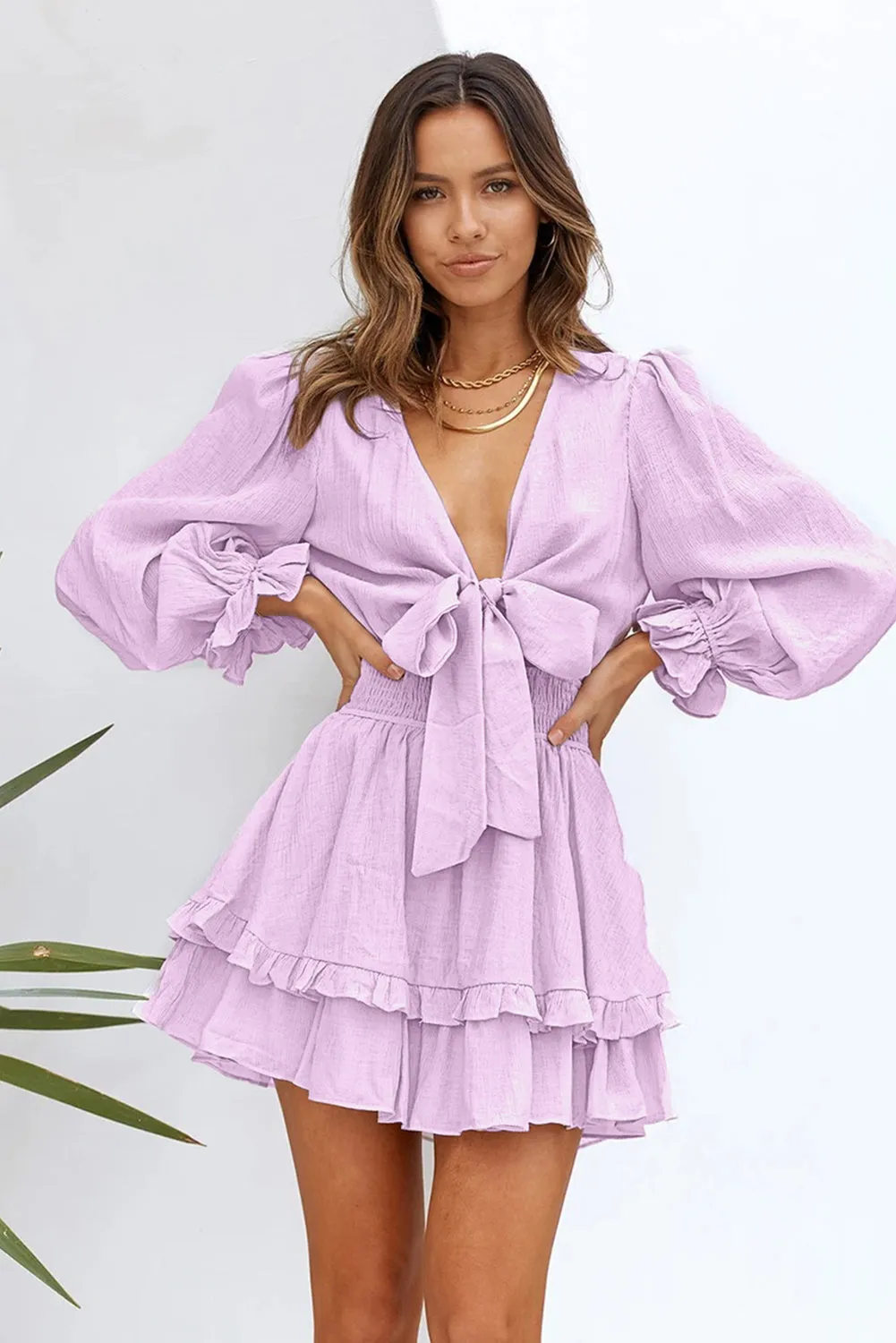 Womens Sexy Deep V Neck Swing Dress Lantern Sleeve Knotted Ruffle Tiered Mini Dress