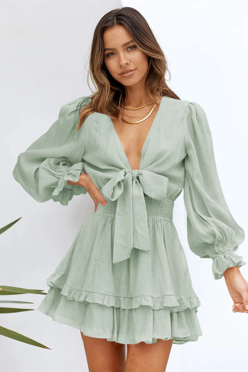 Womens Sexy Deep V Neck Swing Dress Lantern Sleeve Knotted Ruffle Tiered Mini Dress