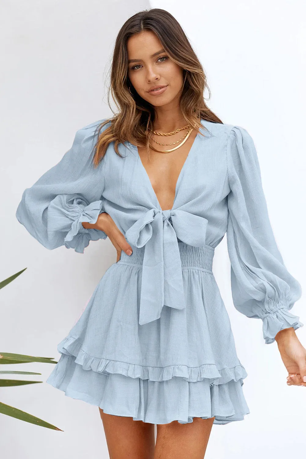 Womens Sexy Deep V Neck Swing Dress Lantern Sleeve Knotted Ruffle Tiered Mini Dress