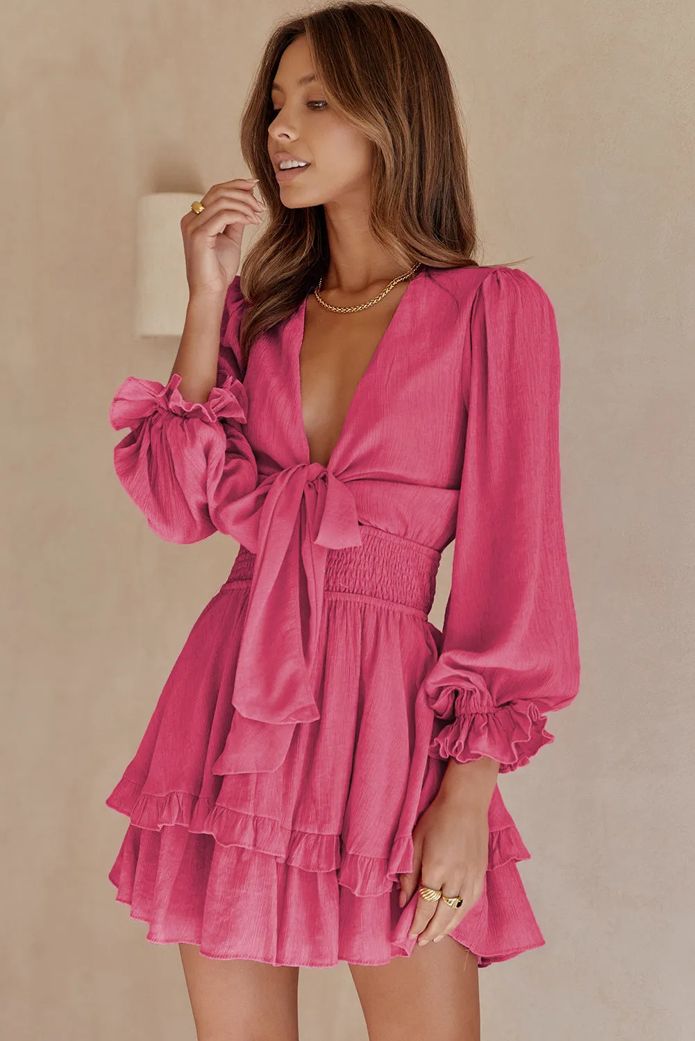 Womens Sexy Deep V Neck Swing Dress Lantern Sleeve Knotted Ruffle Tiered Mini Dress