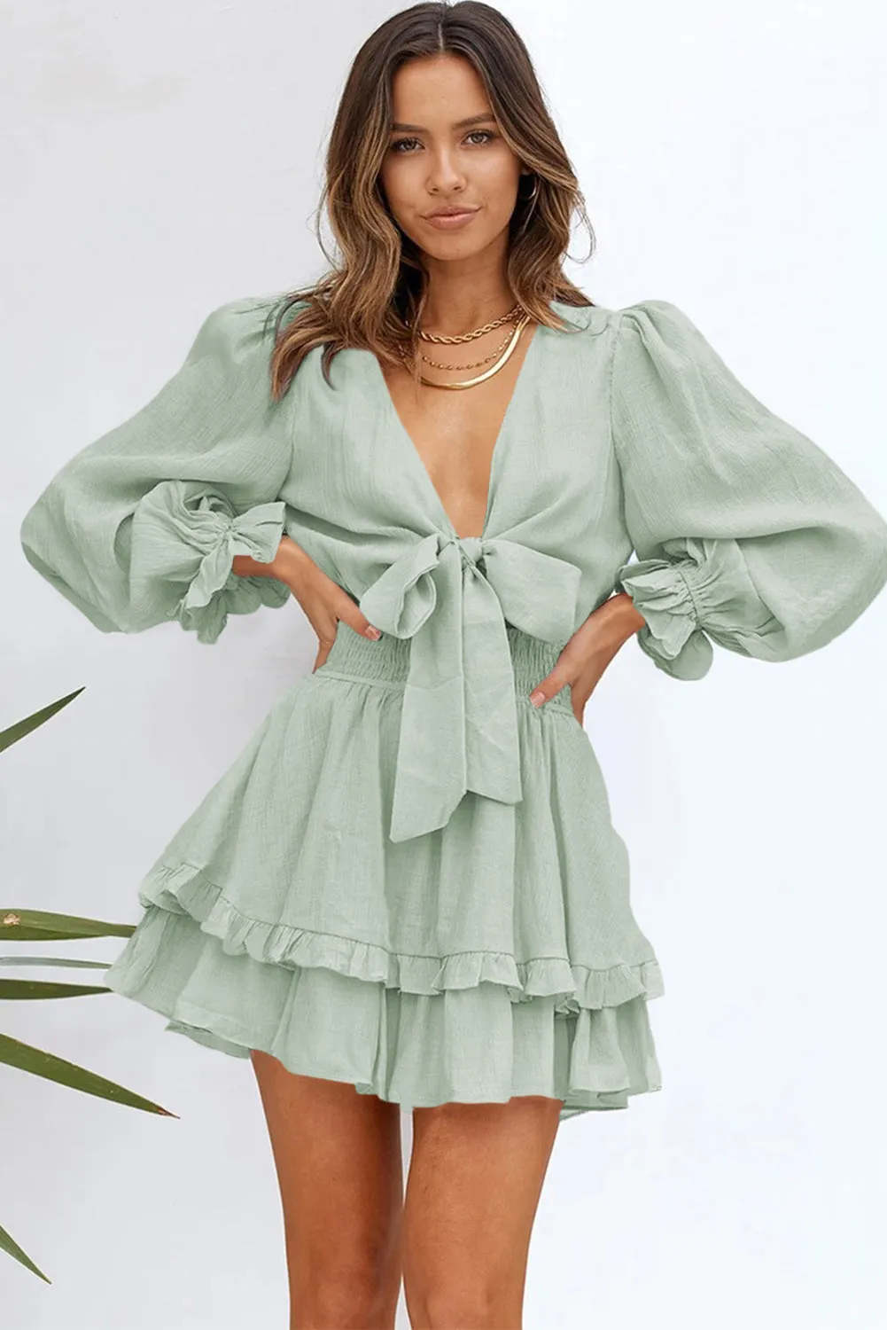 Womens Sexy Deep V Neck Swing Dress Lantern Sleeve Knotted Ruffle Tiered Mini Dress