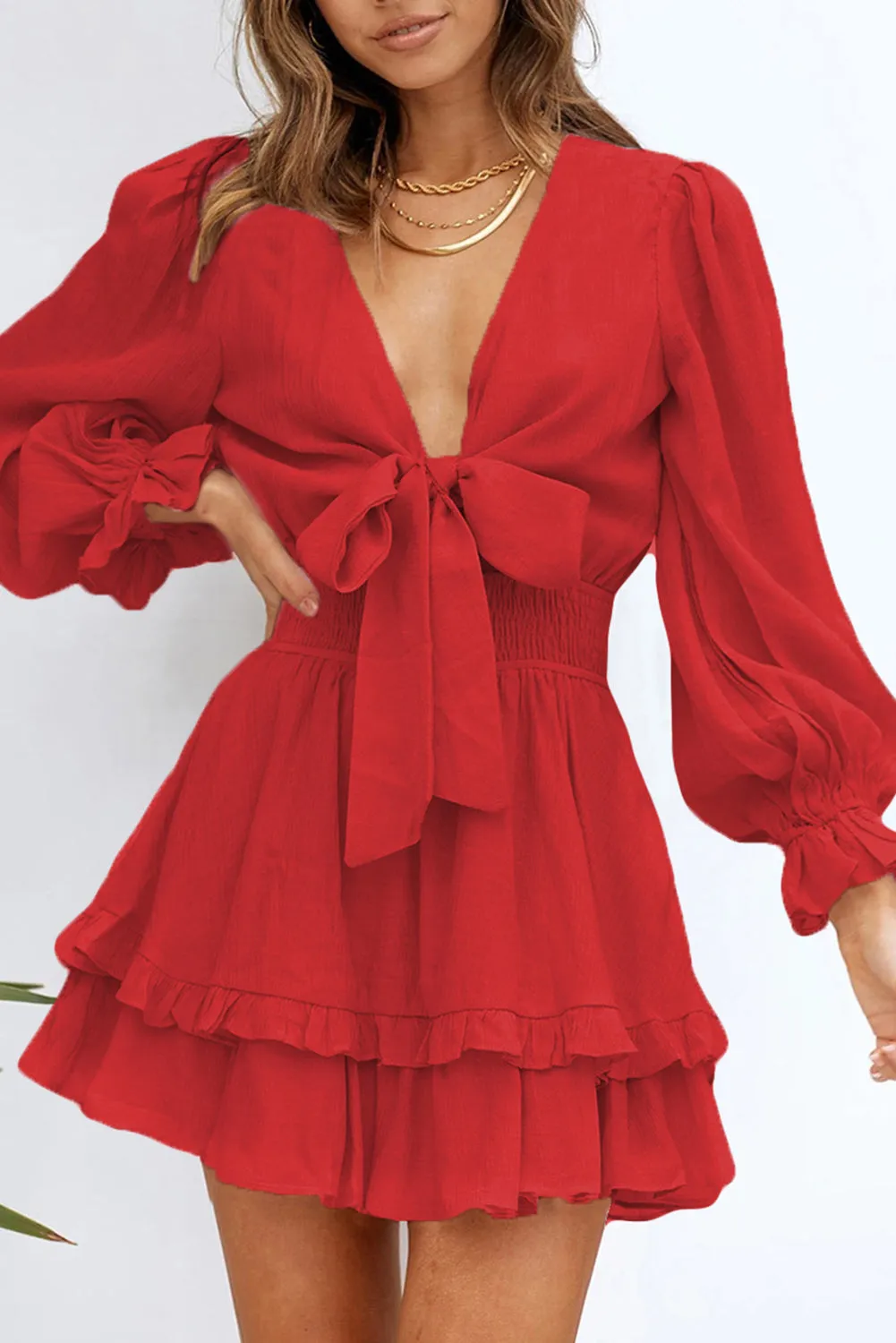 Womens Sexy Deep V Neck Swing Dress Lantern Sleeve Knotted Ruffle Tiered Mini Dress