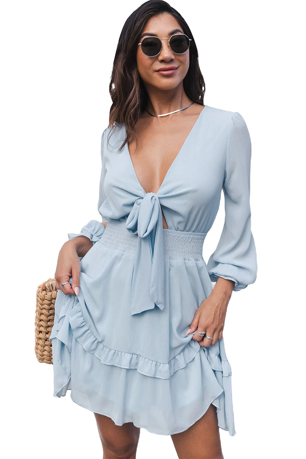 Womens Sexy Deep V Neck Swing Dress Lantern Sleeve Knotted Ruffle Tiered Mini Dress