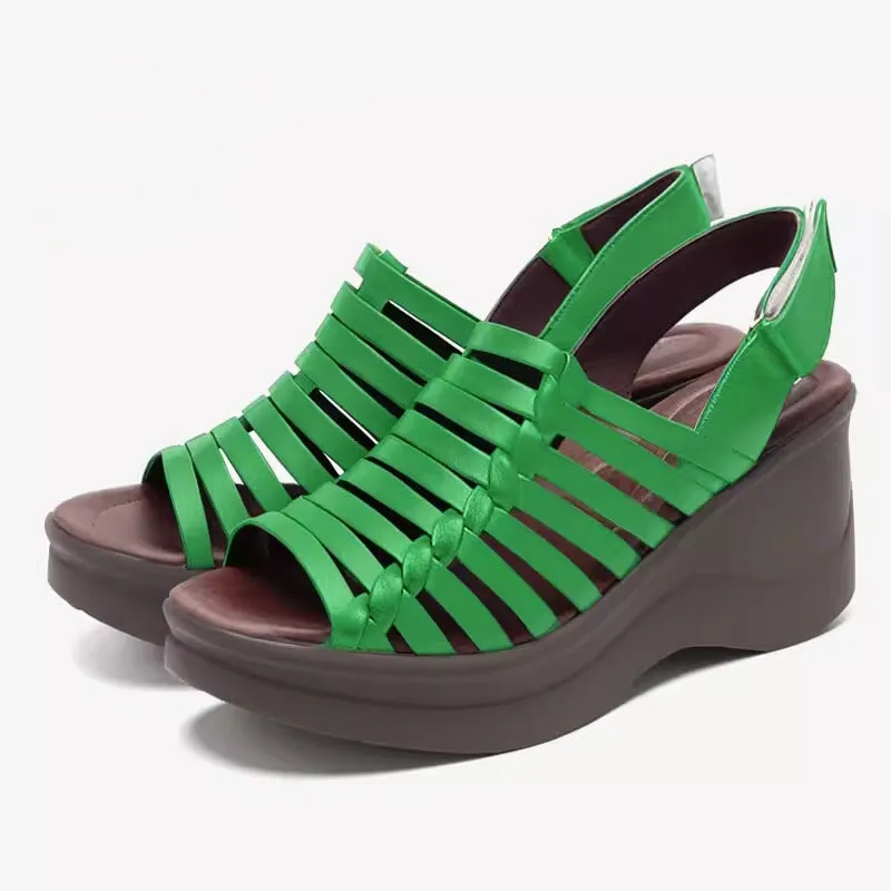 Woven Leather Sandals For Women 70mm Platform Slingback High Heels in Black/Green