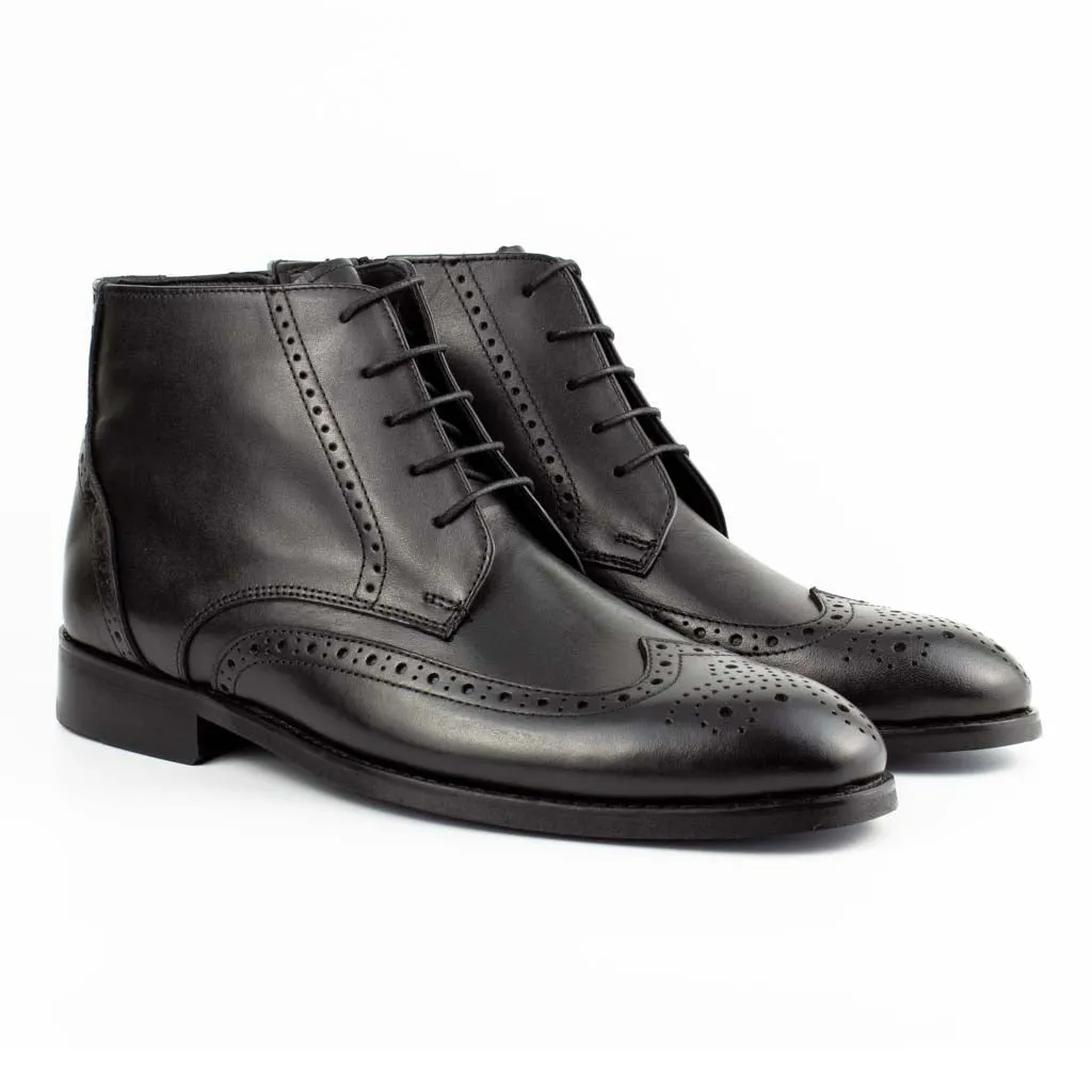 Zanni Black Men's Genuine Leather Wingtip Lace-Up Boots